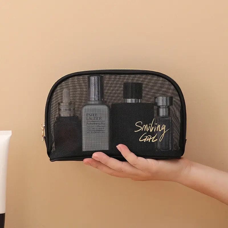 Black Mesh Cosmetic Bag, Transparent Travel Zipper Pouch, Women Beauty Case, Smiling Girl Cosmetic Bag, Travel Storage Bag, Toiletry Bags Makeup Pouch, Fashion Makeup Small Pouch For Women, Multifunctional Large Capacity Toiletry Hand Bag Black Mesh Cosmetic Bag, Transparent Travel Zipper Pouch, Women Beauty Case, Smiling Girl Cosmetic Bag, Travel Storage Bag, Toiletry Bags Makeup Pouch, Fashion Makeup Small Pouch For Women, Multifunctional Large Capacity Toiletry Hand Bag
